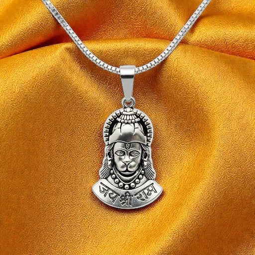 Hanuman Jai Shree Ram Crown Silver Plated Pendant Necklace - Anti Tarnish