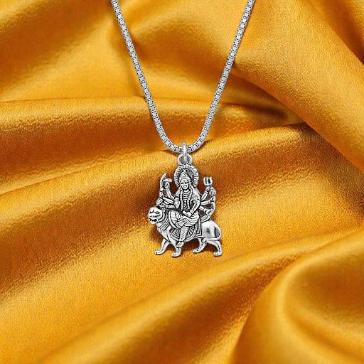 Maa Durga on Lion Silver Plated Pendant Necklace - Anti Tarnish