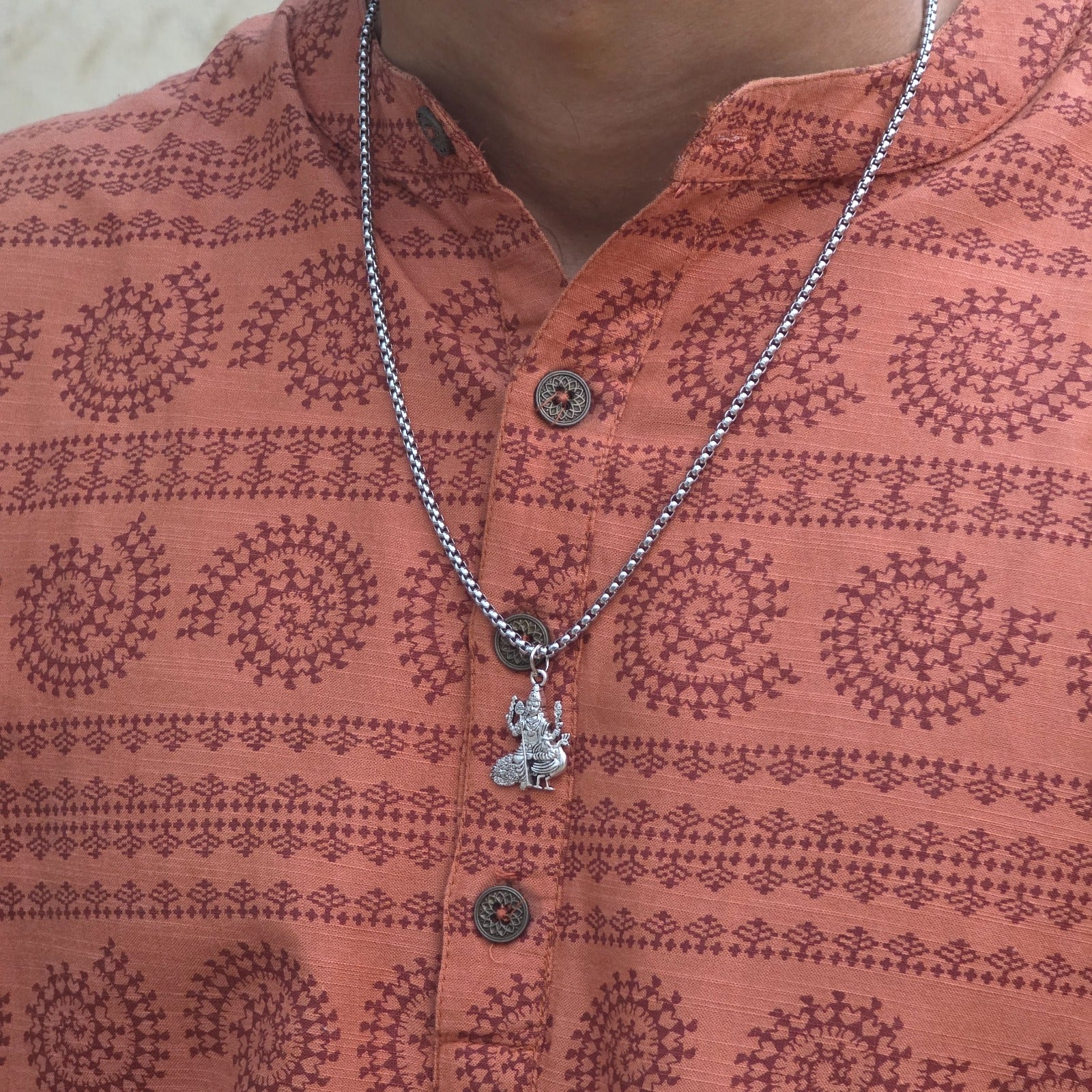 Lord Murugan Kartikeya Seated Silver Plated Pendant Necklace - Anti Tarnish