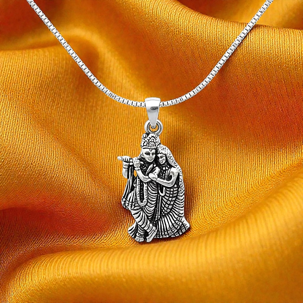 Radha Krishna Divine Couple Silver Plated Pendant Necklace - Anti Tarnish