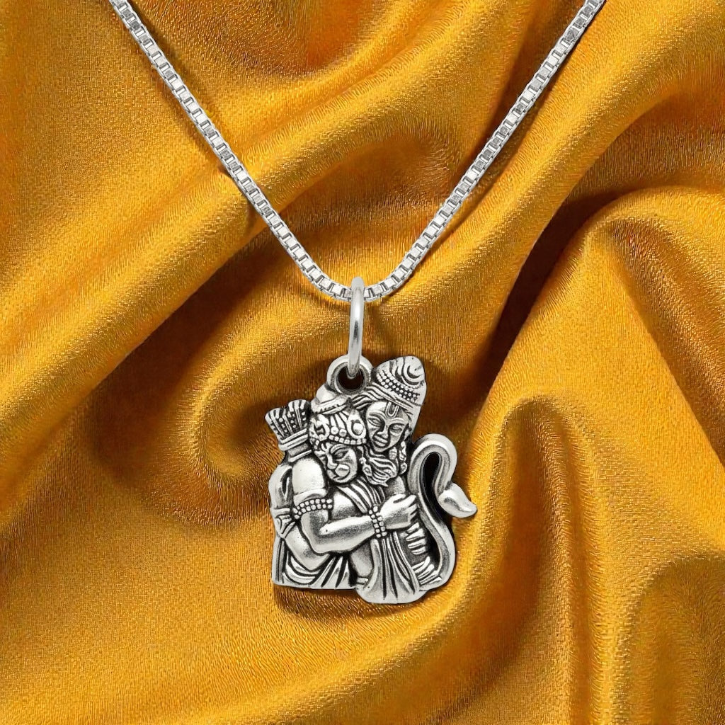Ram Hanuman Embrace Silver Plated Pendant Necklace - Anti Tarnish