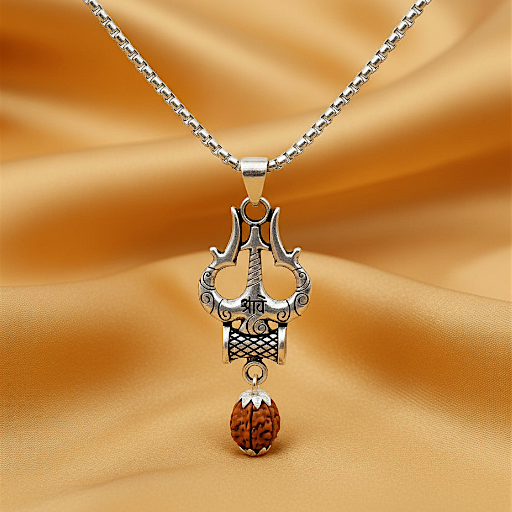 Mahadev Trishul Damru Silver Plated Pendant with Rudraksha - Anti Tarnish